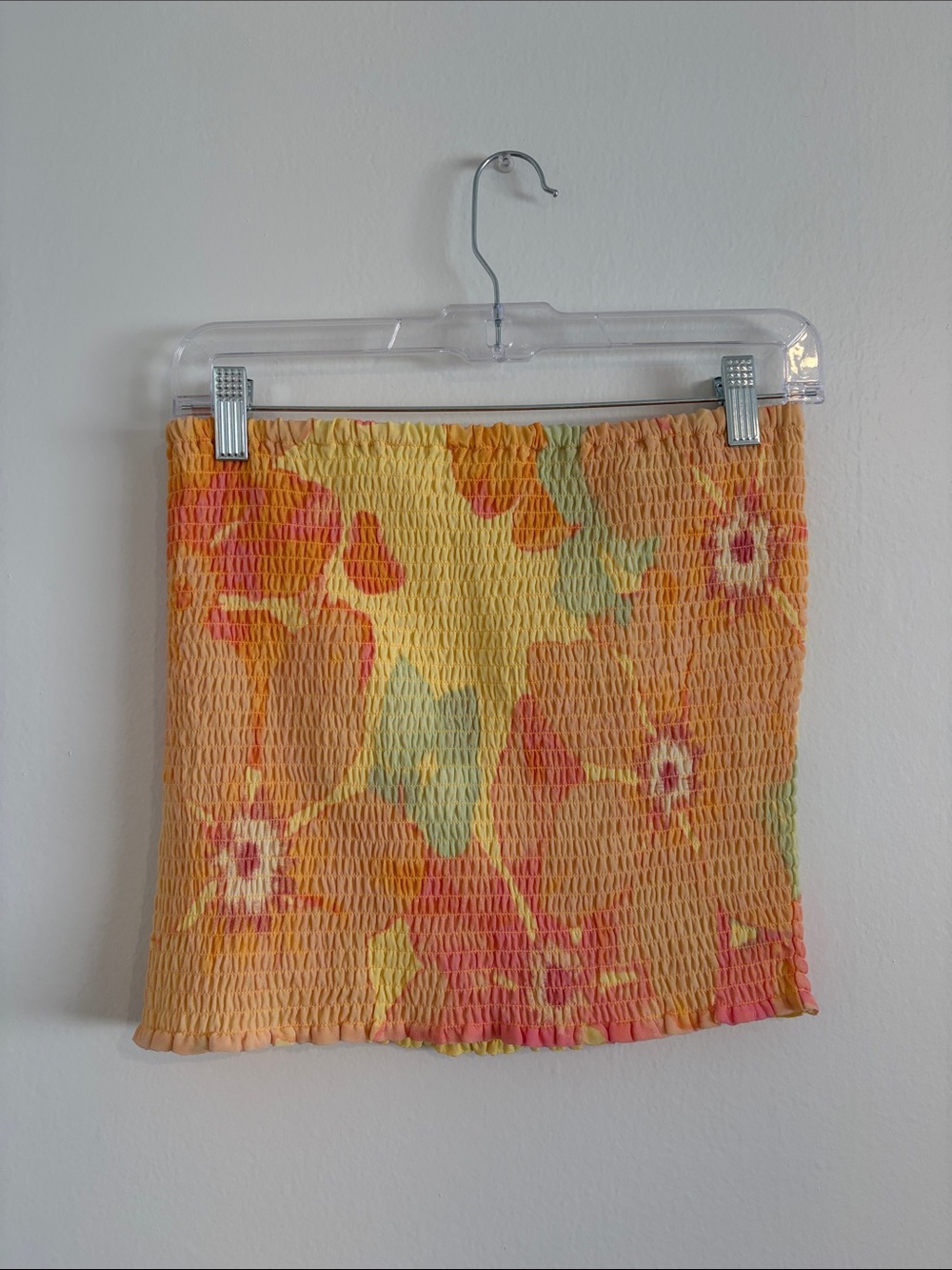 Wayf Yellow Floral Smocked Mini Skirt with Coral Accents